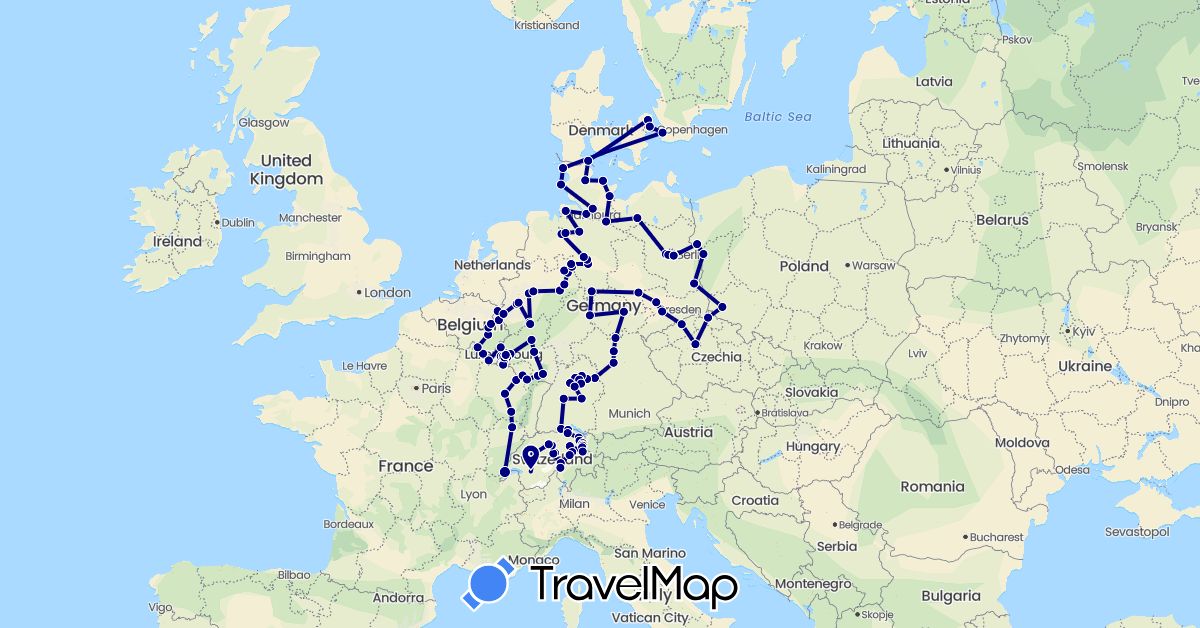 TravelMap itinerary: driving in Belgium, Switzerland, Czech Republic, Germany, Denmark, France, Liechtenstein, Luxembourg, Netherlands, Poland, Sweden (Europe)